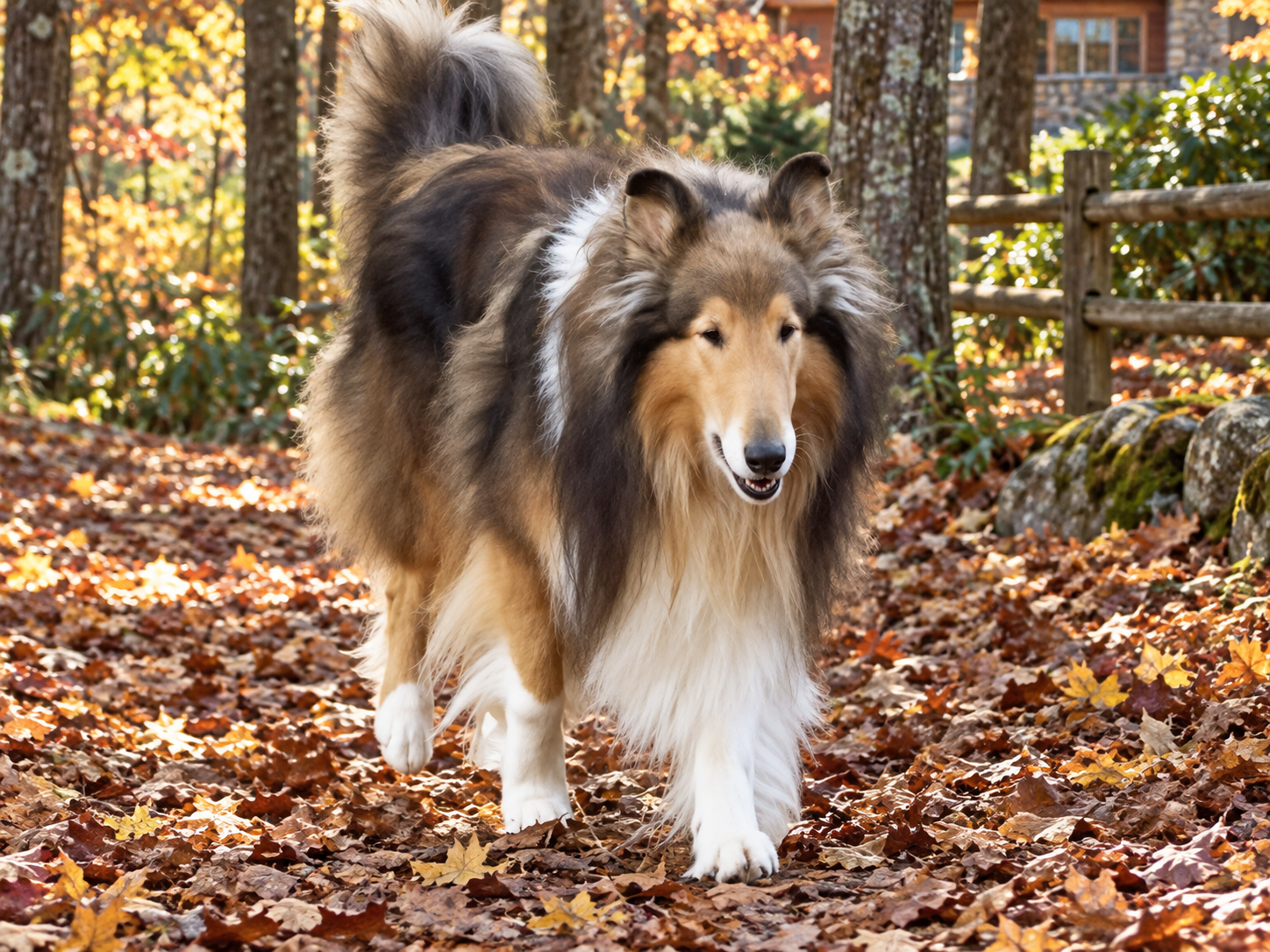 Bogart walking through autumn leaves