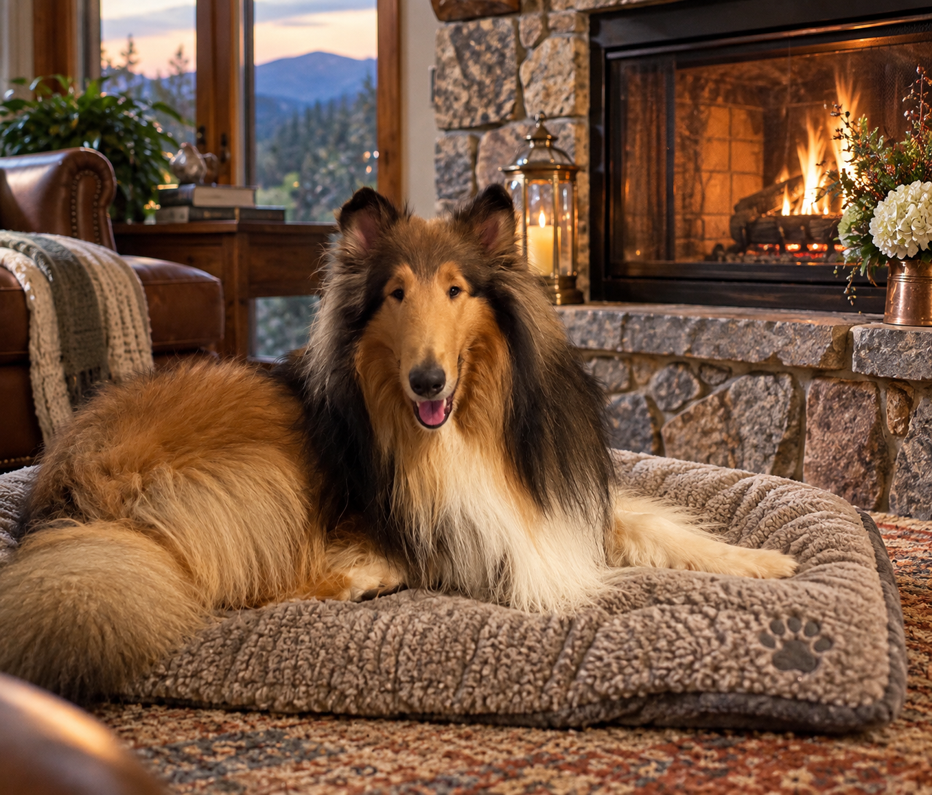 Bogart relaxing by the fireplace