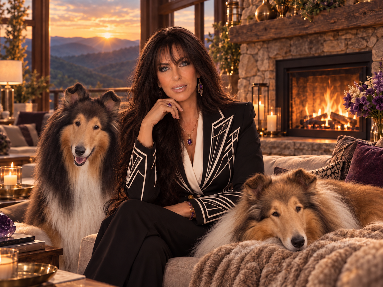 Jill Lanese with Ciara and Paris by the fireplace